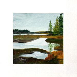 8x8 Maine Original Oil Painting Bass Harbor New England Pine Coastal Art Signed